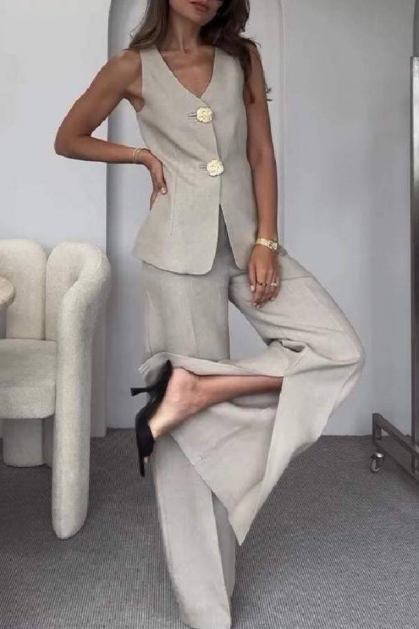 Solid Color Elegant Sleeveless Vest \u0026 Suit Pants Two-Piece Set