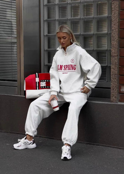 Letter Print Zip Up Sweater Set In Cozy Fabric