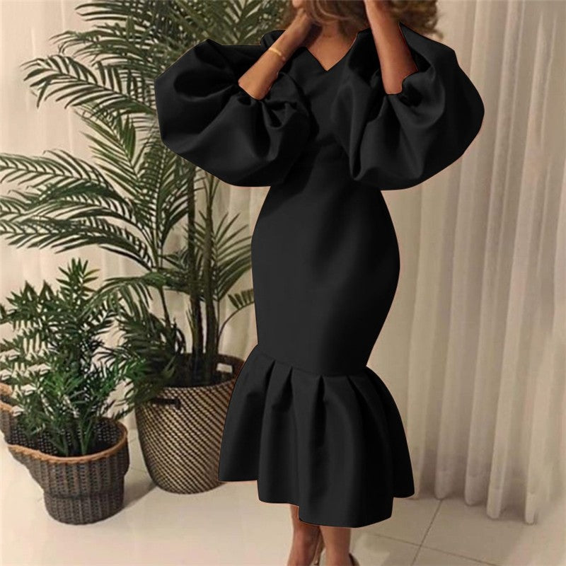 Solid Color V-Neck Bubble Long Sleeve Tail Gown Dresses