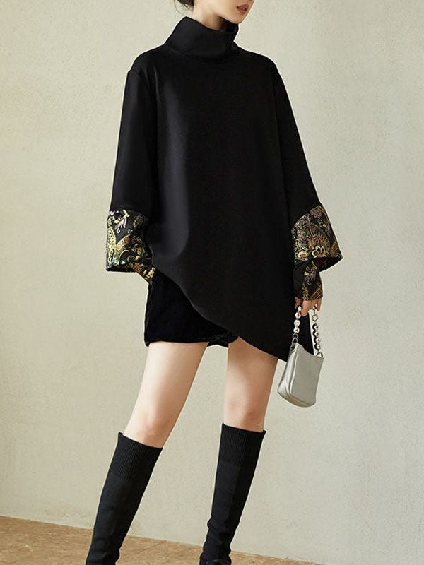 Fake Two-Piece Irregular Clipping Embroidered Split-Joint High Neck Sweatershirt