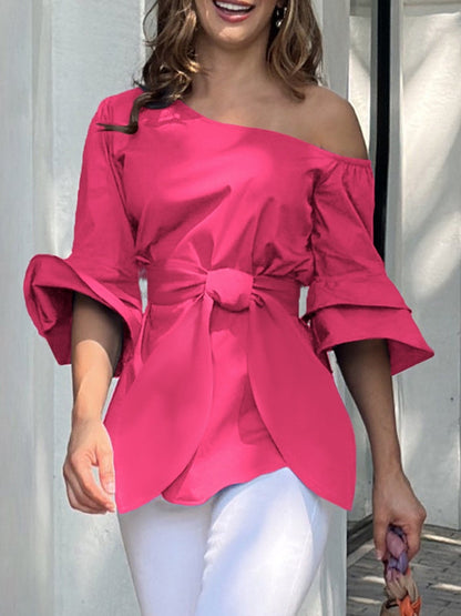 Flared Sleeves Wrap Bandage Hollow Solid Color Split-Joint Shirts Tops
