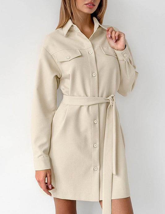 Belted Drop Shoulders Pockets Shirt Mini Dress