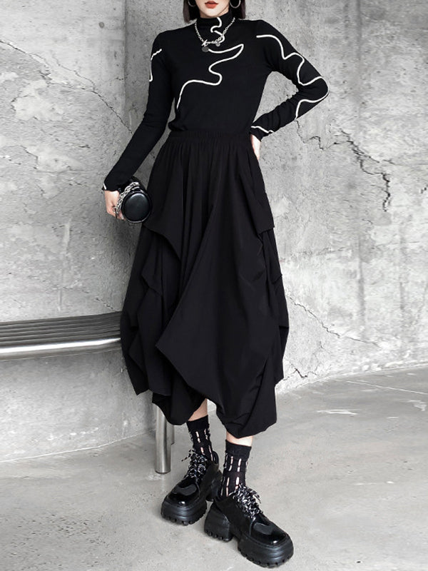 Fashion Irregularity Wide Leg Solid Color Elastic Waist Cropped Pants