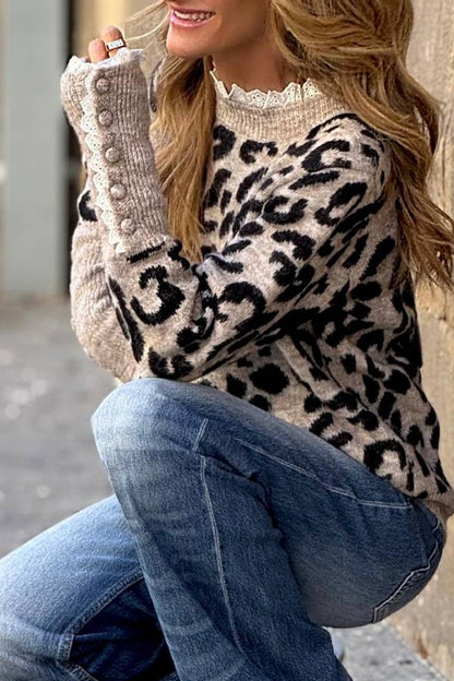 Sweet and Cool Leopard Print Lace Collar Button Sleeve Cardigan