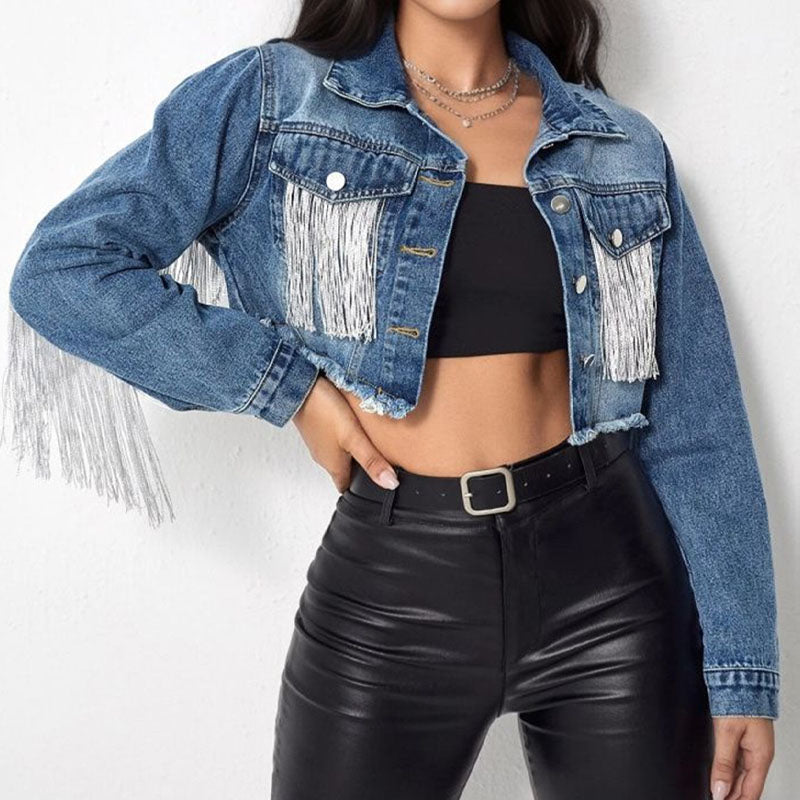 Trendy Lapel Collar Tassel Cropped Denim Jacket