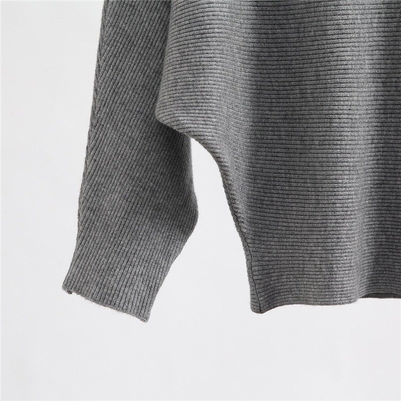 Solid Color One-Word Collar Bat Sleeve Knit Sweater