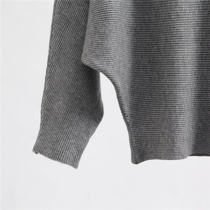 Solid Color One-Word Collar Bat Sleeve Knit Sweater