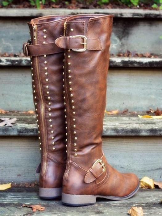 Fashion Thigh-High Rivet Low-Heel Zipper Boots Shoes
