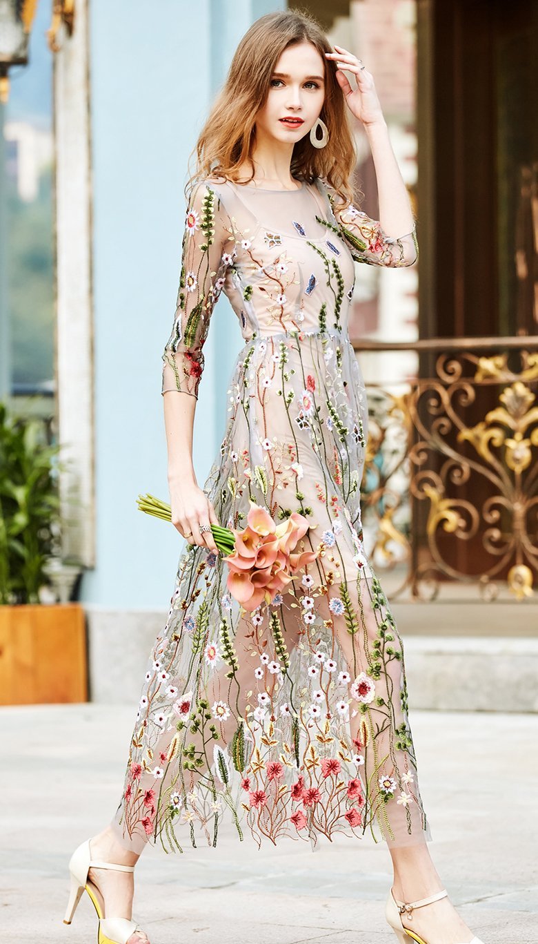 Seaside Holiday Beach Vintage Embroidered Mesh Dress