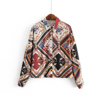 Printed Geometric Pattern Shirt Loose Stand Collar Top