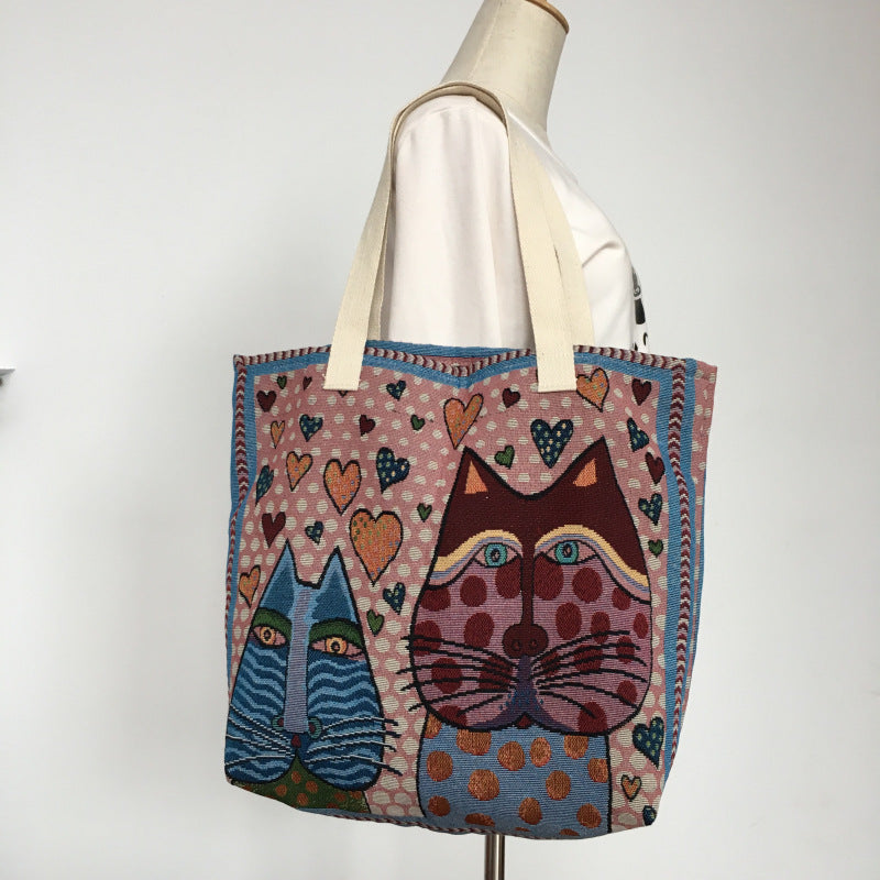 Cat-Themed Canvas Shoulder Bag Trendy Large Tote