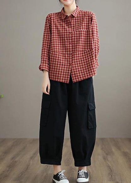 100% Spring Trousers Women's Black Pattern Elastic Waist Pockets Wild Pants
