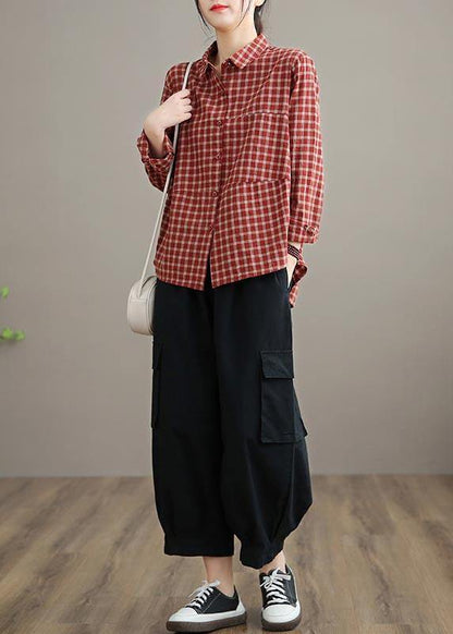 100% Spring Trousers Women's Black Pattern Elastic Waist Pockets Wild Pants