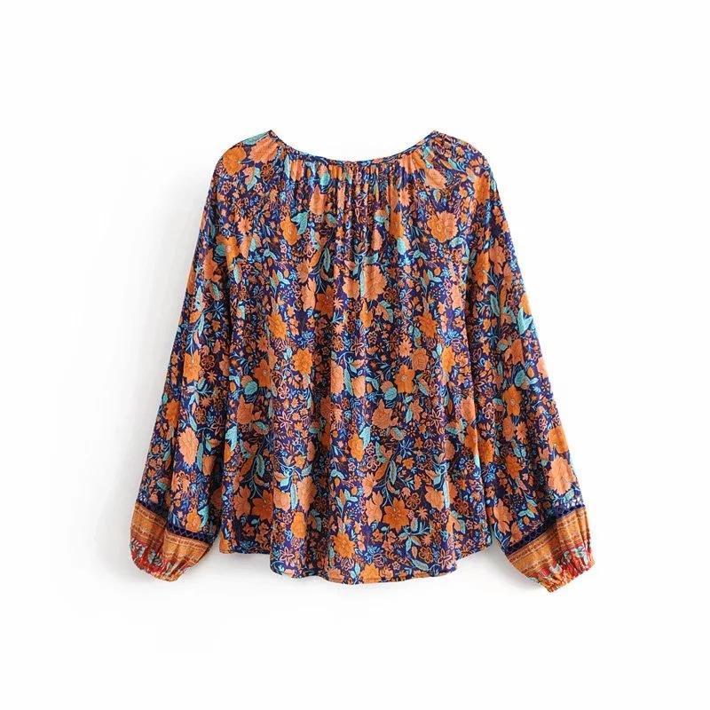 Spring New Bohemian Vintage Lace Print Cutout Long Sleeve Shirt Top