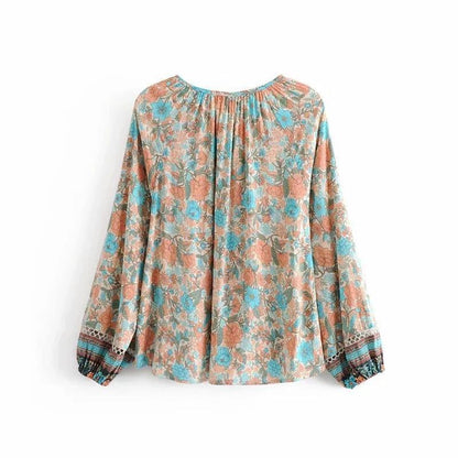 Spring New Bohemian Vintage Lace Print Cutout Long Sleeve Shirt Top