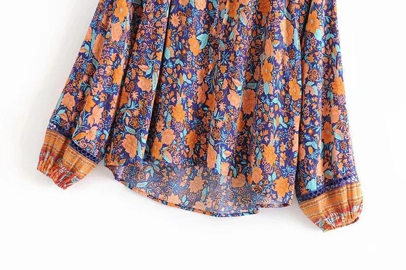 Spring New Bohemian Vintage Lace Print Cutout Long Sleeve Shirt Top