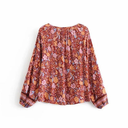 Spring New Bohemian Vintage Lace Print Cutout Long Sleeve Shirt Top