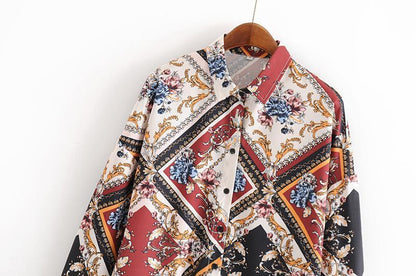 Printed Geometric Pattern Shirt Loose Stand Collar Top