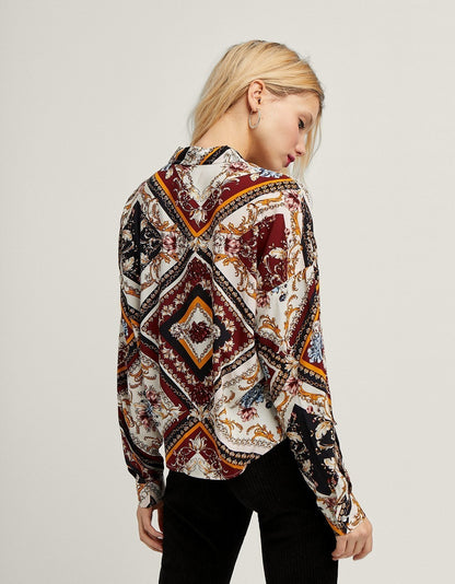 Printed Geometric Pattern Shirt Loose Stand Collar Top