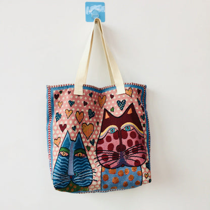 Cat-Themed Canvas Shoulder Bag Trendy Large Tote