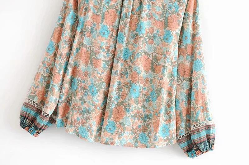 Spring New Bohemian Vintage Lace Print Cutout Long Sleeve Shirt Top