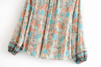 Spring New Bohemian Vintage Lace Print Cutout Long Sleeve Shirt Top