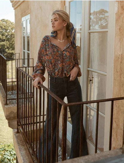 Spring New Bohemian Vintage Lace Print Cutout Long Sleeve Shirt Top
