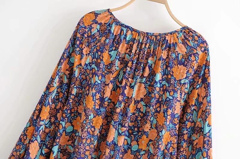 Spring New Bohemian Vintage Lace Print Cutout Long Sleeve Shirt Top