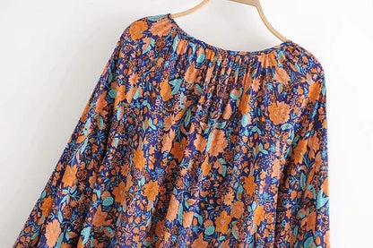 Spring New Bohemian Vintage Lace Print Cutout Long Sleeve Shirt Top