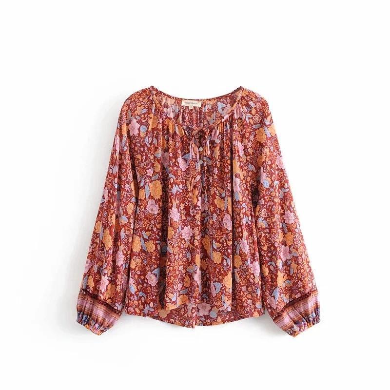 Spring New Bohemian Vintage Lace Print Cutout Long Sleeve Shirt Top