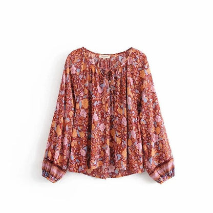Spring New Bohemian Vintage Lace Print Cutout Long Sleeve Shirt Top