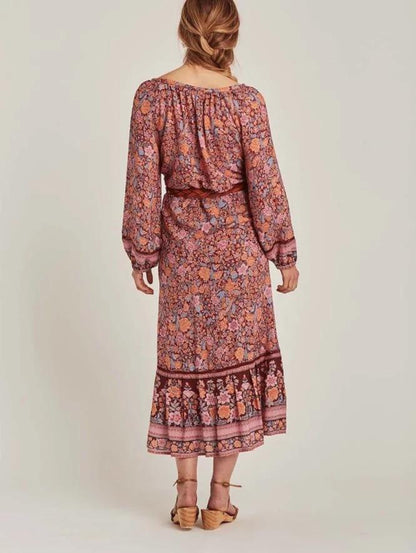 Spring New Bohemian Vintage Lace Print Cutout Long Sleeve Shirt Top