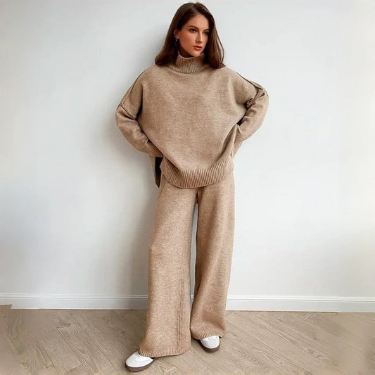 Loose High Neck Knit Sweater Pants Set