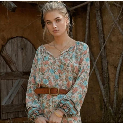 Spring New Bohemian Vintage Lace Print Cutout Long Sleeve Shirt Top