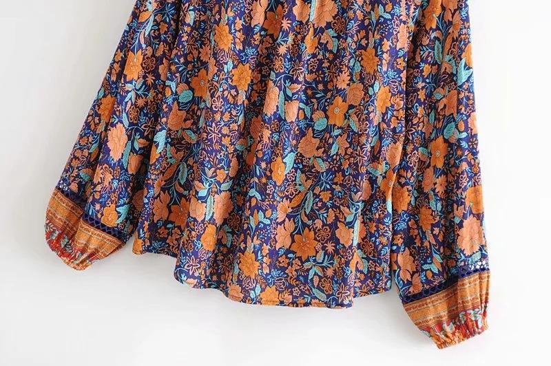 Spring New Bohemian Vintage Lace Print Cutout Long Sleeve Shirt Top