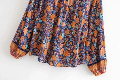 Spring New Bohemian Vintage Lace Print Cutout Long Sleeve Shirt Top
