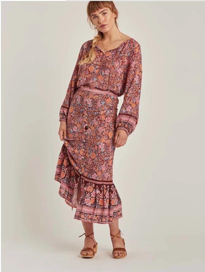 Spring New Bohemian Vintage Lace Print Cutout Long Sleeve Shirt Top