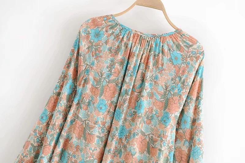Spring New Bohemian Vintage Lace Print Cutout Long Sleeve Shirt Top