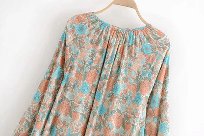 Spring New Bohemian Vintage Lace Print Cutout Long Sleeve Shirt Top