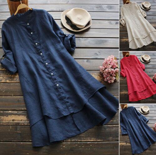 Summer Women'S Solid Button Cotton Linen Long Sleeve Long Shirt Dress