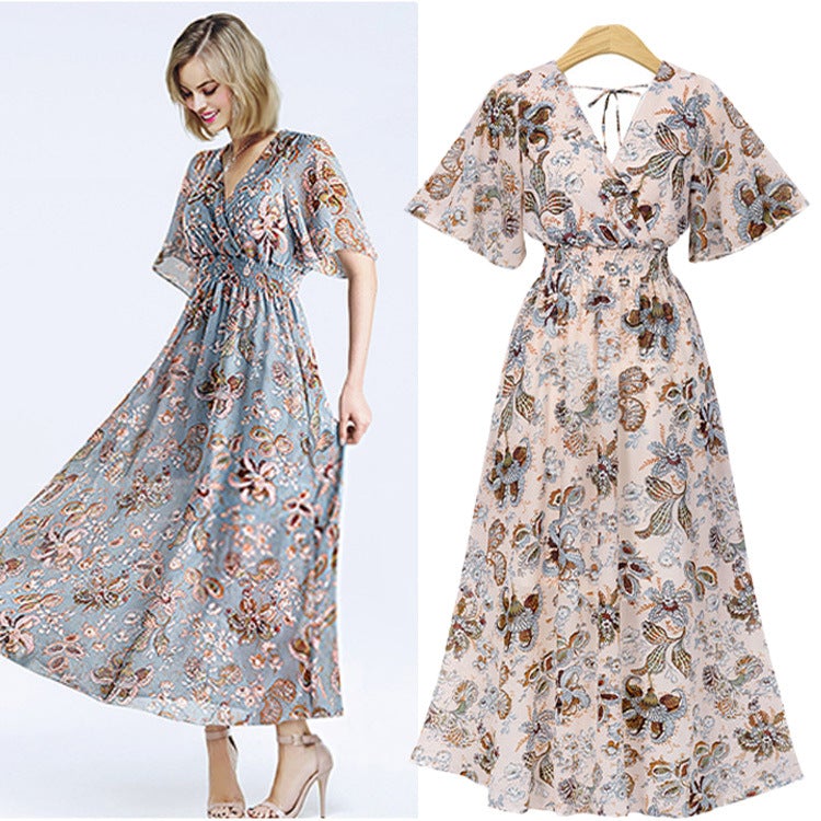 Large Dress New Bohemian Print Slim Short Sleeve Dress