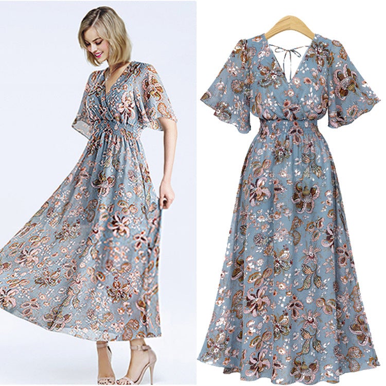 Large Dress New Bohemian Print Slim Short Sleeve Dress