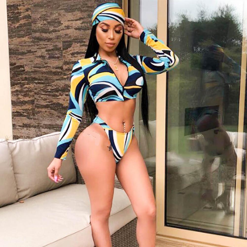 New Long-Sleeve Print Sexy Bikini Zipper Swimwear