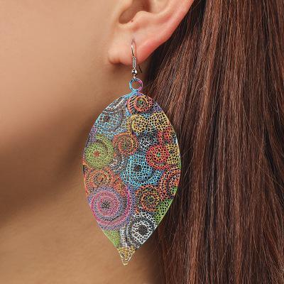 Hollow Leaf Print Metal Colorful Earrings