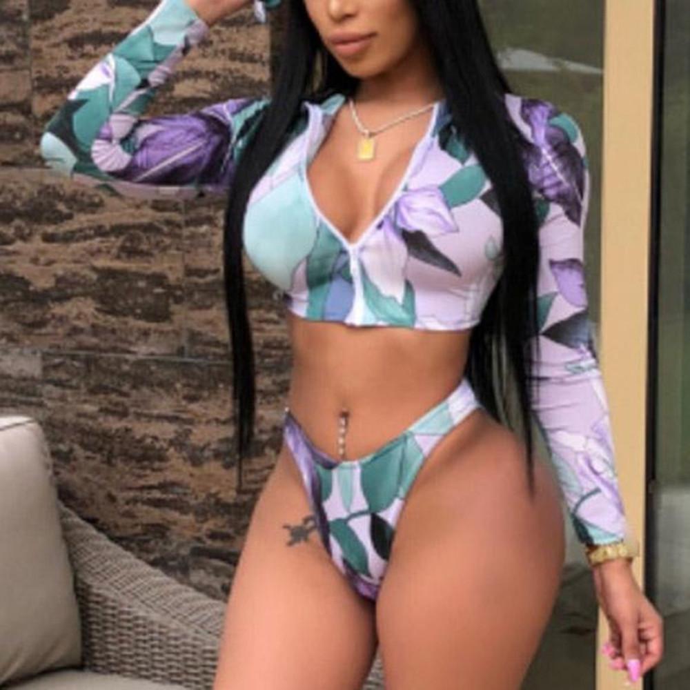 New Long-Sleeve Print Sexy Bikini Zipper Swimwear