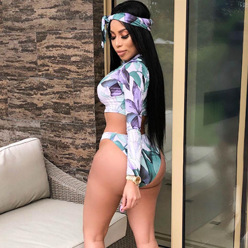 New Long-Sleeve Print Sexy Bikini Zipper Swimwear