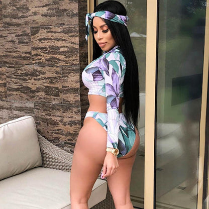 New Long-Sleeve Print Sexy Bikini Zipper Swimwear