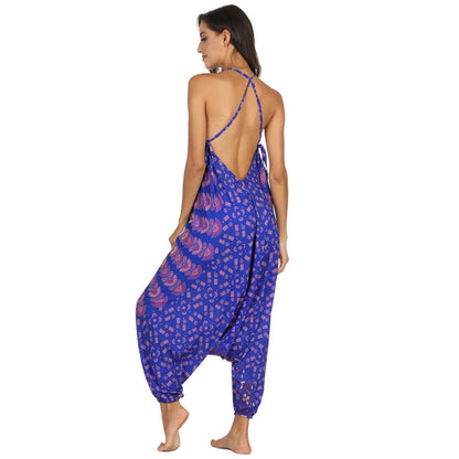 Summer Loose Wide-Leg Jumpsuit Suspenders V-Neck Sports Yoga Pants