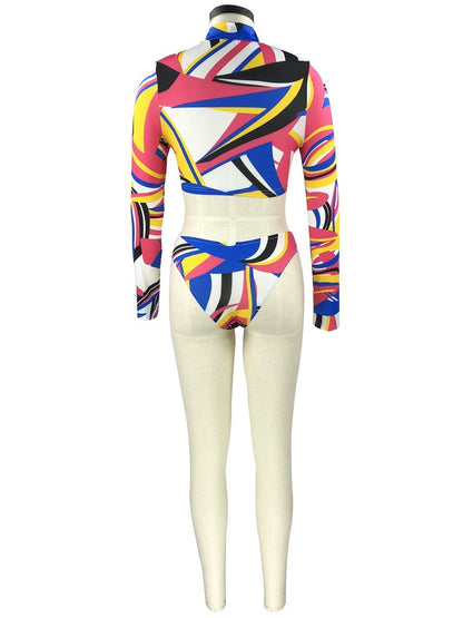 Conservative Printed Bikini Women'S Split Long Sleeve Swimsuit 3-Piece Tankini Set 12