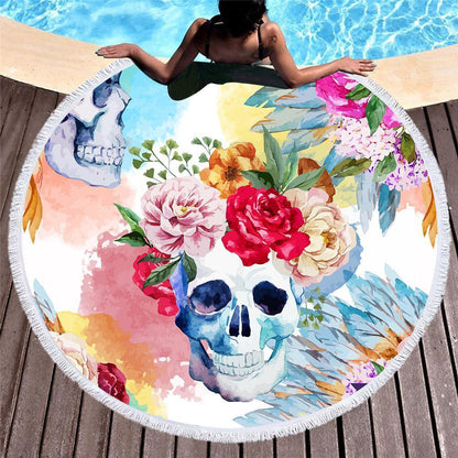 Boho Skull Floral Print Round Yoga Mat Print Tassel Summer Beach Towel
